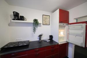 a kitchen with red cabinets and a stove and refrigerator at NEW Luxury Apartment in Heilbronn Neckarsulm in Heilbronn +3 photos