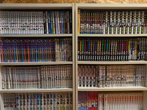a book shelf filled with lots of dvds at GUESTHOUSE mame庵 in Tamba