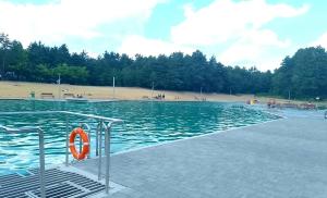 a swimming pool with an orange life preserver in front of a beach at Chata na Jurze z balią in Zarki Letnisko