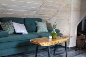 a living room with a green couch and a table at Siedlisko Magiczne Cimanie in Cimanie
