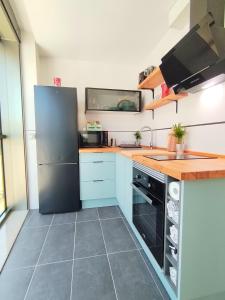 a kitchen with blue cabinets and a black refrigerator at Viveiro Centro con parking in Viveiro