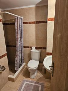 a bathroom with a toilet and a shower at Fiore Hill Sea View Studios in Vasilikos +51 photos