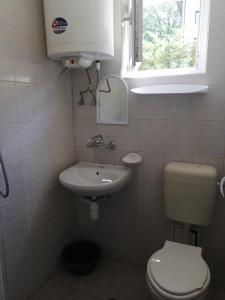 a bathroom with a toilet and a sink and a window at Ваканционно селище СБХ in Shkorpilovtsi