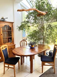 a dining room with a wooden table and chairs at Große Wohnung mit Billardtisch in Starnberg