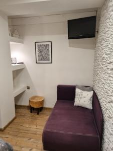 salon z kanapą i telewizorem na ścianie w obiekcie Apartament Granat w Zakopanem