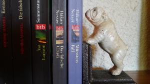 a book shelf with a statue of a dog standing between books at Lilla Trulla Gårdshotell - Feels like home in Bolestad