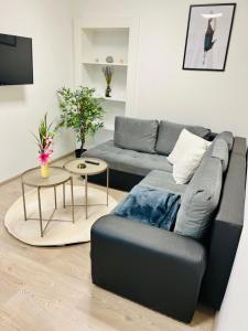 a living room with a couch and a table at SH-Apartments-Stylische FeWo Mia - Parken - Wifi in Schmalkalden