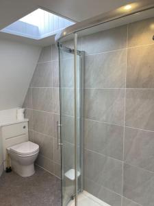 a bathroom with a shower and a toilet at Little Briar in Lyme Regis