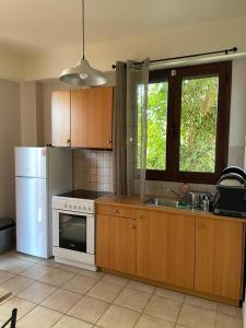 a kitchen with wooden cabinets and a white refrigerator at VillaGer in Kalamata