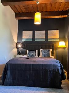 a bedroom with a bed with a blue comforter and two windows at Ontika Guesthouse in Ontika Asundus