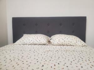 un letto con 2 cuscini e una testiera grigia di Charming Jasmin House a Viseu Altre 3 foto