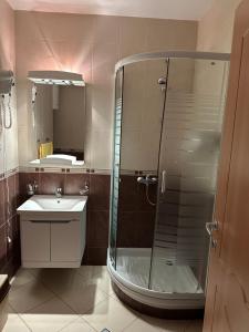 ein Badezimmer mit Dusche und Waschbecken in der Unterkunft Apartmani Aleks in Budva + 73 Fotos