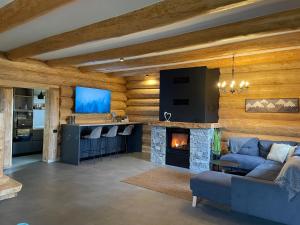 Una sala de estar con un sofá y una chimenea. en Wild Cottage, en Poiana Mărului