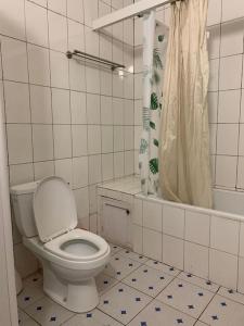 a white bathroom with a toilet and a shower at Appartement 01 Chambre-salon in Lomé