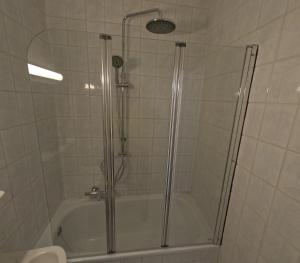 une douche avec une porte vitrée dans une salle de bain dans l'établissement La Casa de la Playa, à Middelkerke