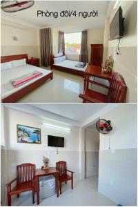 une chambre d'hôtel avec un lit, un bureau et une télévision dans l'établissement THANH HẰNG MOTEL, à Xã Thắng Nhứt