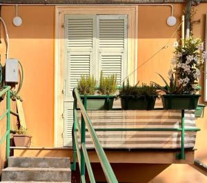 a window with potted plants on a porch at Almar esclusivo e centrale in Camogli