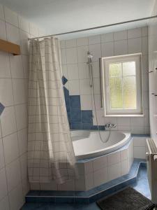 a bathroom with a tub and a shower with a window at Ferienwohnung Nauborn in Wetzlar mit großer Terrassse, ruhig gelegen in Wetzlar