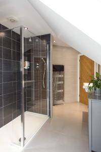 a bathroom with a shower with glass walls at Meadow End in Tavistock