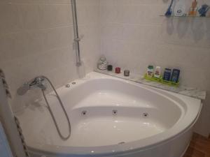 a white bath tub with a shower in a bathroom at Ferienwohnung Monika Staßfurt OT Üllnitz an der A14 in Glöthe