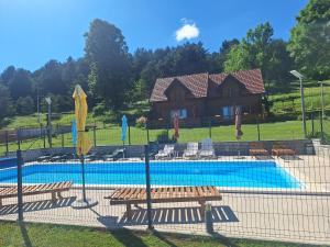 Donji Babin PotokPlaninske kuce Good Night的一个带长椅的游泳池和一个位于后面的房子
