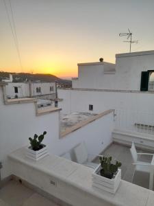 two potted plants on a balcony with the sunset at Casamareluna in Ostuni