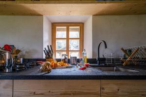 a kitchen with a sink and a counter top with food on it at The Poetic Chalet by Gryon Exclusive in Gryon