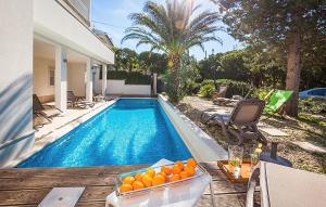 a bowl of oranges sitting next to a swimming pool at Nice Apartment In Makarska in Makarska