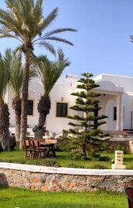 a house with palm trees in front of it at Résidence Ulysse Djerba in Mezraya