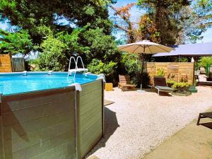 a backyard with a swimming pool and an umbrella at Mas denis in Arles