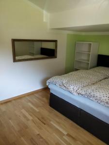 una camera da letto con un letto e uno specchio a parete di Kurort Tirol a Bad Häring Altre 11 foto