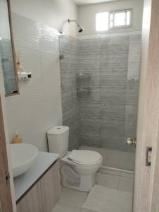a bathroom with a toilet and a sink and a shower at Apartamento en Cartagena, Zona Urbana in Cartagena de Indias