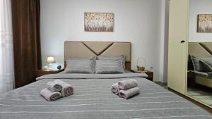 a bedroom with a large bed with towels on it at Superb 1 bedroom in the best zone of the city. in Ferizaj