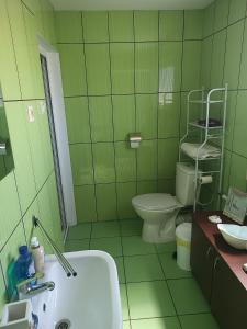 a green bathroom with a toilet and a sink at La Prietenicu in Murighiol