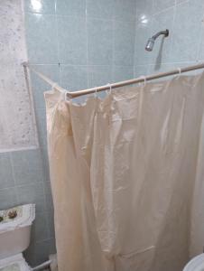 a bathroom with a shower curtain and a toilet at Rancho Tlalinantli in San Miguel Ajusco