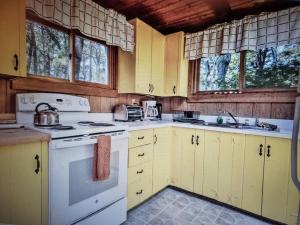 an old kitchen with white appliances and yellow cabinets at Nature Lover's Nest in Wellfleet