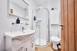 a bathroom with a shower and a sink and a toilet at Princess Green 2 - Portrush by the Sea in Portrush +38 photos
