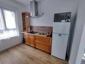 a kitchen with a white refrigerator and a sink at Le Bohème in Ravilloles