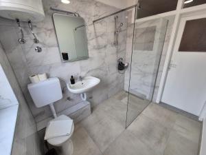 a bathroom with a shower and a toilet and a sink at Old Town Bistrik - Free parking in Sarajevo +23 photos