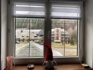 a person in a santa suit looking out of a window at Bele Staze 3a Kopaonik, Brzece in Kopaonik