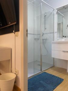 eine Glasdusche im Bad mit blauem Teppich in der Unterkunft Casa Vazquez in Costa Del Silencio + 42 Fotos