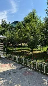 a fence in front of a park with trees at Дом 14 in Osh +48 photos