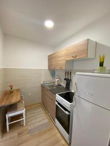 a kitchen with a white refrigerator and wooden cabinets at Comfort studio Lepa Kata in Podgorica +8 photos