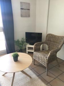 sala de estar con silla y mesa de centro en Appartement spacieux Arcachon, en Arcachon