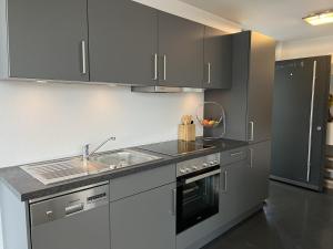 a kitchen with gray cabinets and a sink at Ferienhaus Cris und Alex in Stühlingen