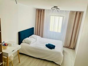 a bedroom with a bed with a blue pillow on it at Oasis Spa près de Disney in Nanteuil-lès-Meaux