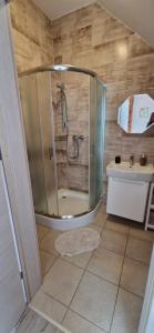 a bathroom with a shower and a sink at Derkaczowa Kotlina in Gniewoszów
