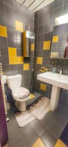 une salle de bains avec toilettes et lavabo dans l'établissement Au 26BIS, 2 Appartements MONTREUX, 1 Apartment niveau 0 et un autre appartement duplex niveau 1 et 2, 15 minutes à pieds du centre de Montreux, Lac Léman, idéal pour balades en ville, Montagne, festivals, Casino, plages, ski, Fredy Mercury, Marché de Noël, à Montreux