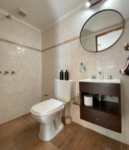 ein Badezimmer mit Toilette, Waschbecken und Spiegel in der Unterkunft Al fin un mundo in Ushuaia