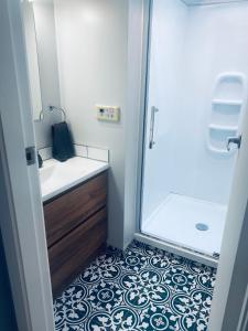 un bagno con doccia, lavandino e specchio di The Nook a Methven